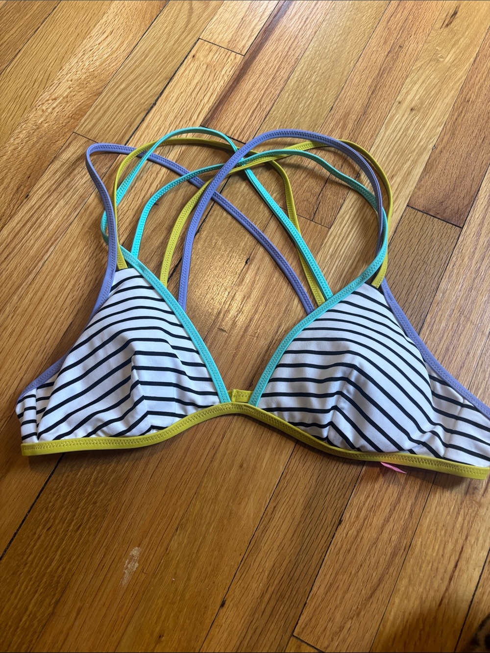 Striped Triangle Swim Top with Multi-Color Trim - White/Black